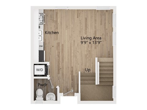 A floor plan of a kitchen and living area with dimensions.